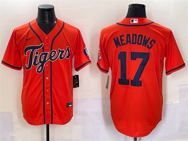 Men's Detroit Tigers #17 Parker Meadows Orange With Patch Cool Base Stitched Baseball Jersey Men's Detroit Tigers #17 Parker Meadows Orange With Patch Cool Base Stitched Baseball Jersey